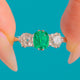Antique 18ct White Gold Emerald Diamond Trilogy Ring, 0.80ct Old Mine Cut Diamonds